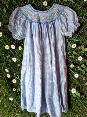 Rosalina Collections Girls 4T Blue Gingham Smocked Bishop Dress Puff Sleeve
